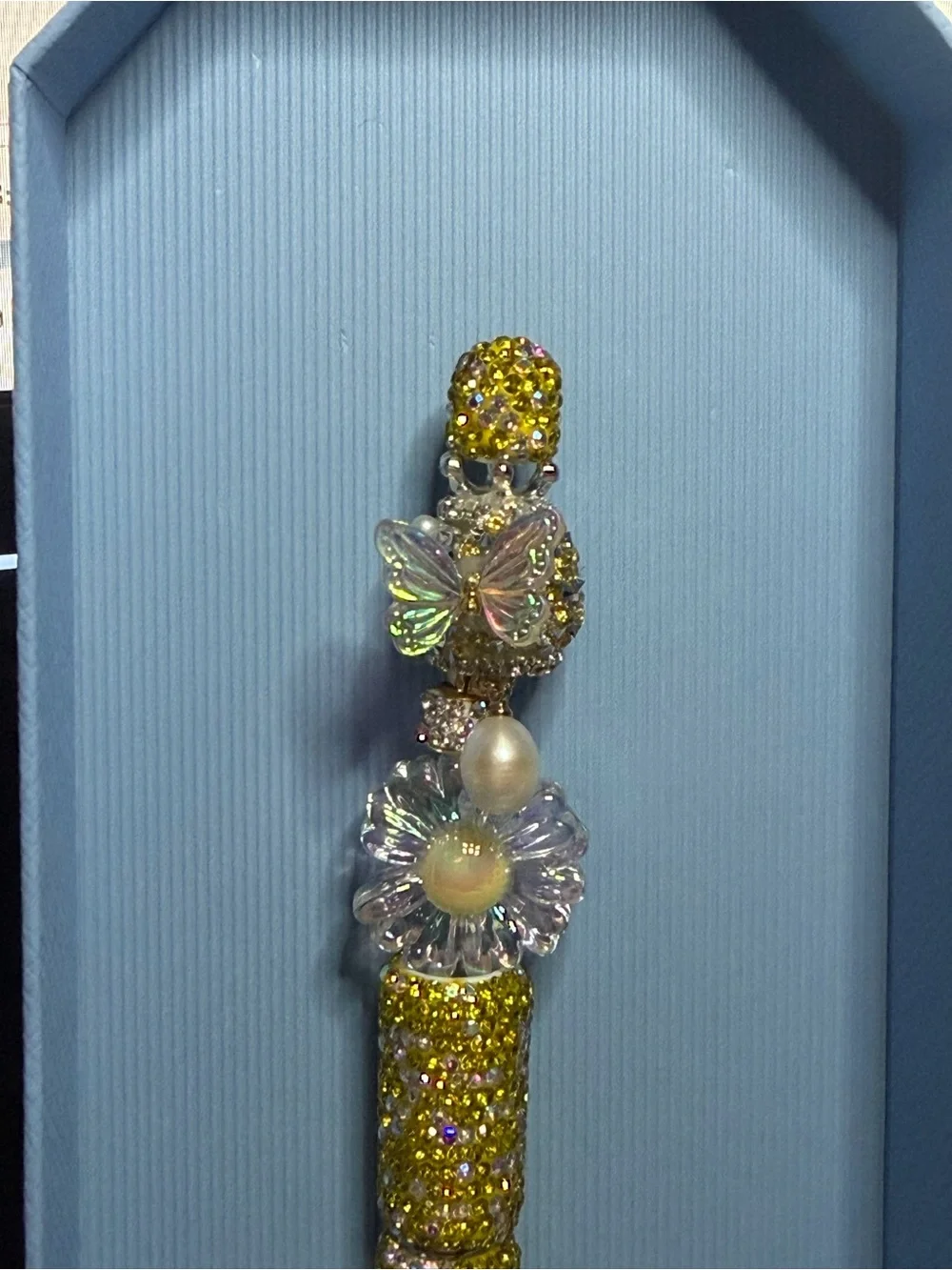 Handmade Yellow Crystal Butterfly & Flower Pen